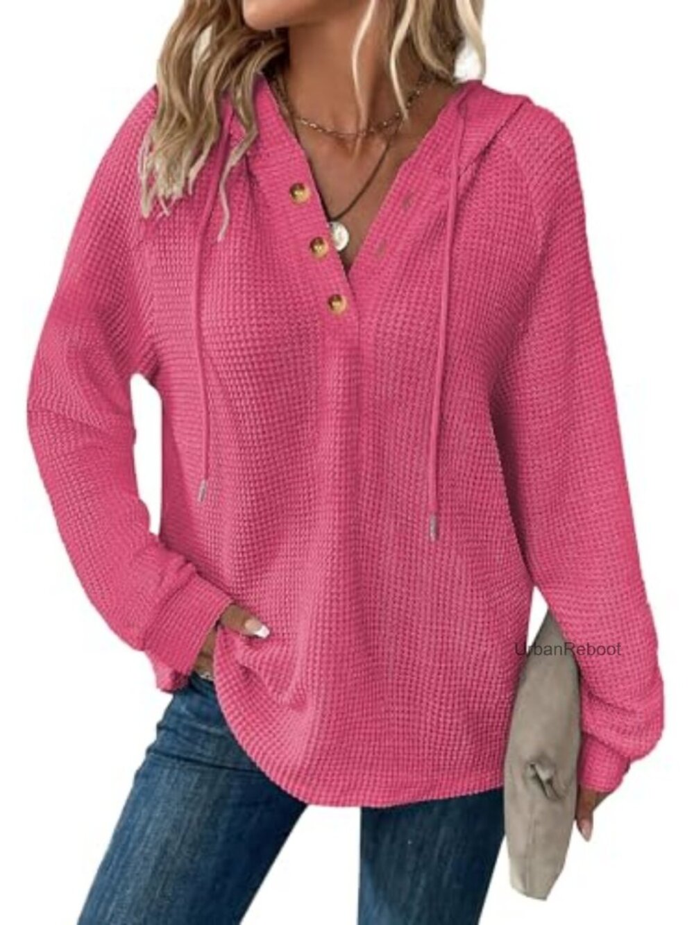 Waffle Knit Oversized Hoodie V Neck Button Down Drawstring Pullover